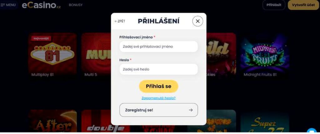 ecasino přihlášení - formulář